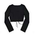 thumbnail image 2 of YCNYCHCHY Black Ribbed Tie Front Top Women Long Sleeved Hollow Out Drawstring T Shirts Patchwork Trendy Bodycon Crop Tops Female, 2 of 5