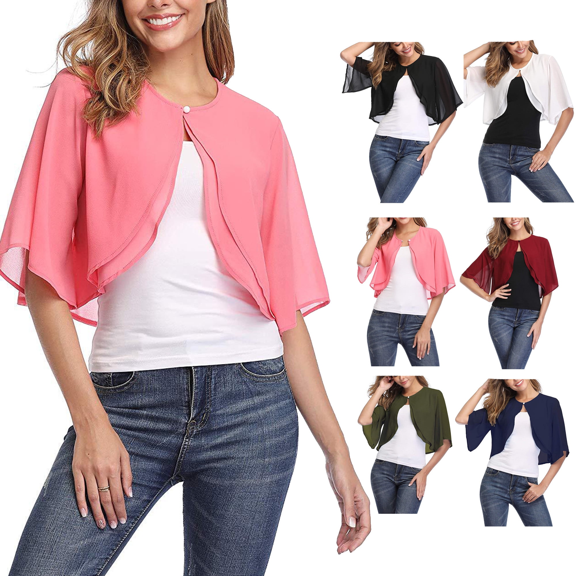 Summer Solid Chiffon Shirts Capes Women Half Sleeve Shrug Open Front Bolero  Tops Cardigan Elegant Female Clothes(Wine Red,L) 