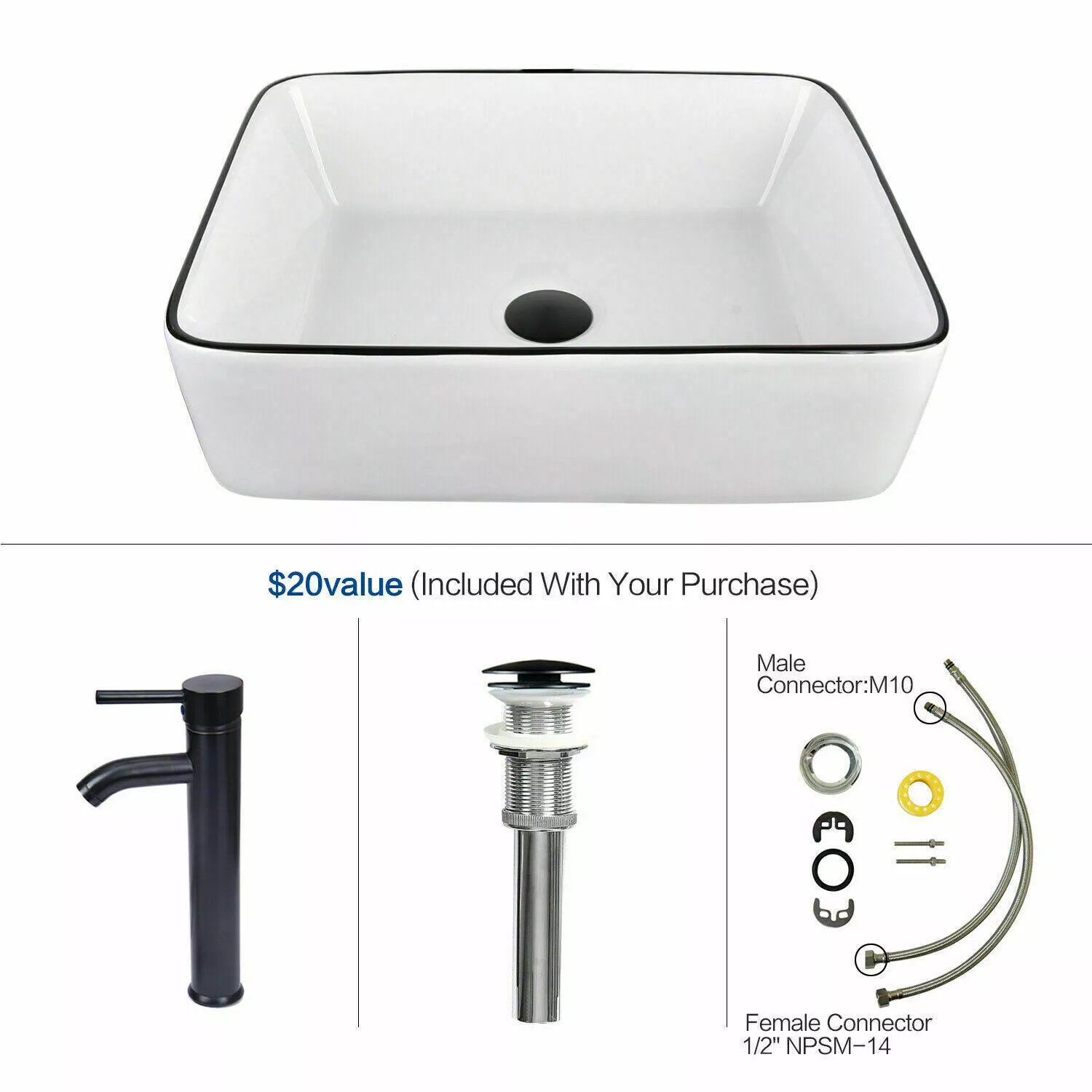 FULLWATT Bathroom Ceramic Sink Vanity Vessel Basin Porcelain Faucet Drain Combo Rectangle,White