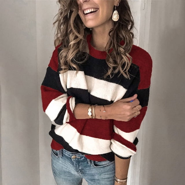 Suéter de punto con rayas de colores contrastantes para mujer, suéter holgado de estilo europeo y americano para otoño e invierno