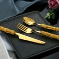 thumbnail image 4 of Bamboo Handle Stainless Steel Cutlery Set Wooden Spoon and Fork Set Knife Minimalist Gold Dinnereware Tableware set Gift, 4 of 9