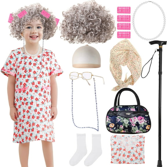 Alaiyaky Old Lady Costume 9 Pcs 100 100th Days of School Costume Dress Up Granny Grandma Cosplay Outfits