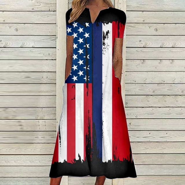 Robes pour Femmes 2024 Été Oversize Ample Décontracté Col en V Jour de l'Indépendance Imprimé Manches Courtes Robes 50 % de Réduction Liquidation!