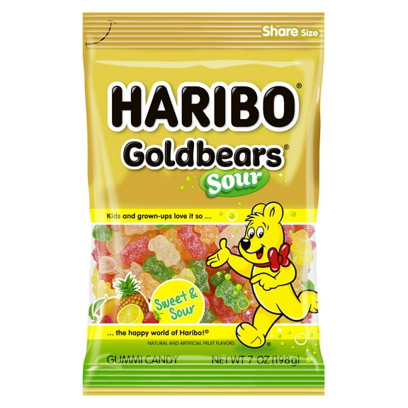 Haribo Goldbears Gummy Bears, Sour Goldbears Candy Gummies, Large Share Bag, 7 oz