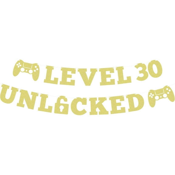 Pre-Strung Level 30 Unlocked Banner - Gold Glitter Happy 30th Birthday Decorations for Women Men, Photo Booth Props
