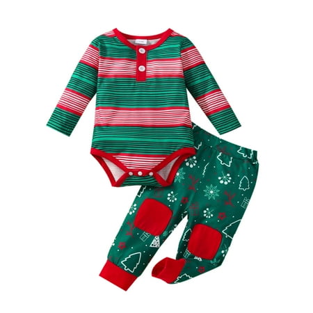 

Rovga Girls Outfit Sets Baby Boys Girls Christmas Xmas Cartoon Striped Printed Romper Bodysuit+Pants Outfits Clothing Set