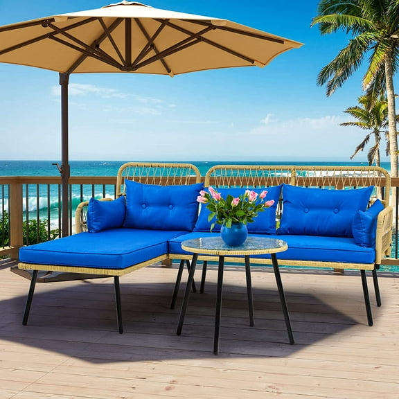 Dextrus Patio Furniture L-Shaped Coversation Sectional Outdoor Sofa Set for Backyard, Porch with Thick Cushions Detachable Lounger, Side Table (Light Brown Navy Blue)