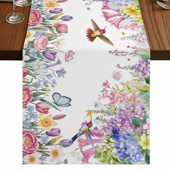 Table Runners 90 Inches Long Dress Scarves, Watercolor Flowers Farmhouse Coffee/Dining/Kitchen Table Runner for Living Room, Spring Hummingbird Butterflly Floral 13x90 Inch