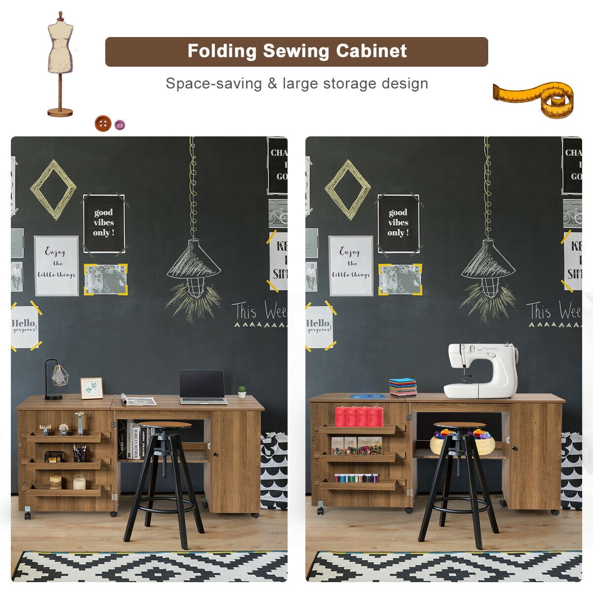 Gymax Folding Sewing Table Shelves Storage Cabinet Craft Cart W/Wheels Large Natural