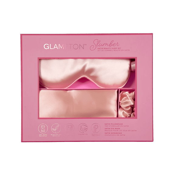 Glampton Slumber Satin Beauty Sleep Set, Peach, 3-Piece Set with Pillowcase, Eye Mask, and Scrunchie