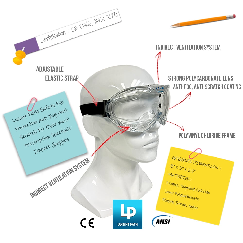 5 Packs - Lucent Path ASIN CE Certified Anti Fog Anti Scratch Impact Safety Goggles