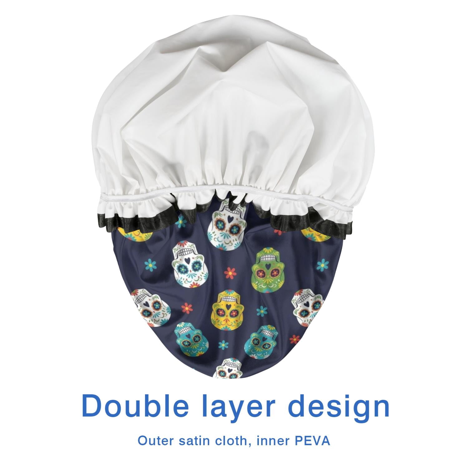 Shower Caps,Navy Colorful Skull Pattern Waterproof Shower Cap for Women 4 Pieces,Double Reusable Hair Cover for Shower PEVA Elastic Stretch Hem
