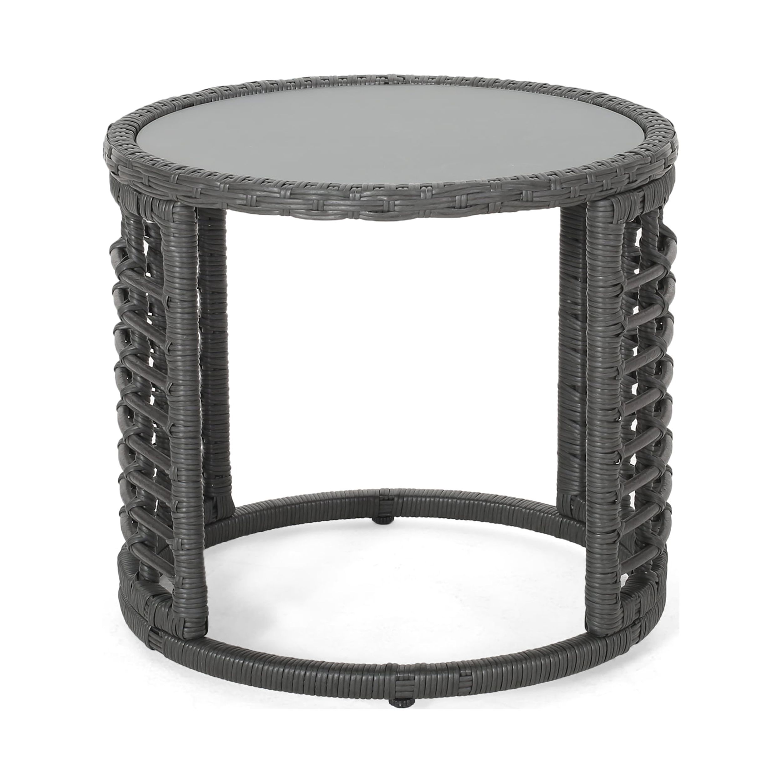 Noble House Caspian Indoor Modern Boho Wicker Side Table with Tempered Glass Top, Gray