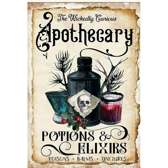 Halloween Apothecary Sign, Potions & Elixirs Spells Sign, Vintage Gothic Witchy Vibes Halloween Metal Logo Shabby Chic Tin Sign Cafe bar Home Wall Art Decoration Retro Metal Tin Sign 8"x12"