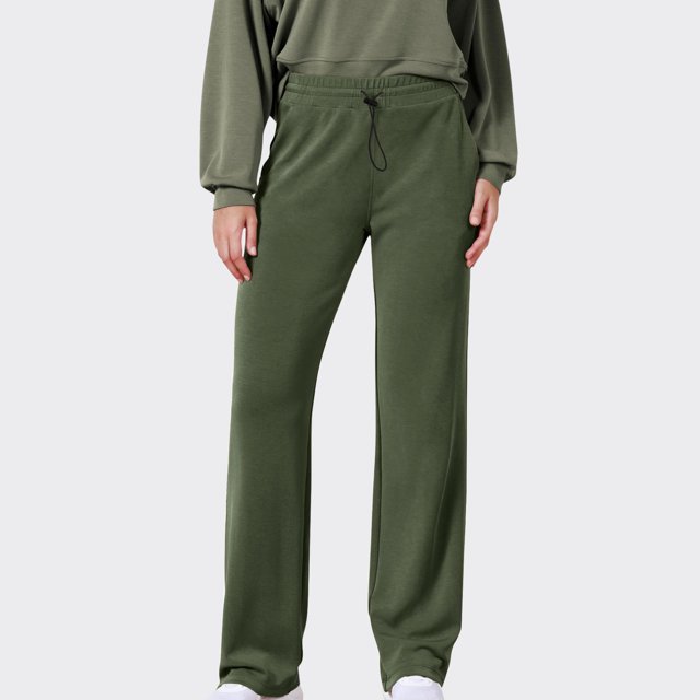 Lydiaunistar Womens Solid Color Drawstring Elastic Waist Pocket Casual Sport Long Pants for Women All Season Comfy Polyester Army Green