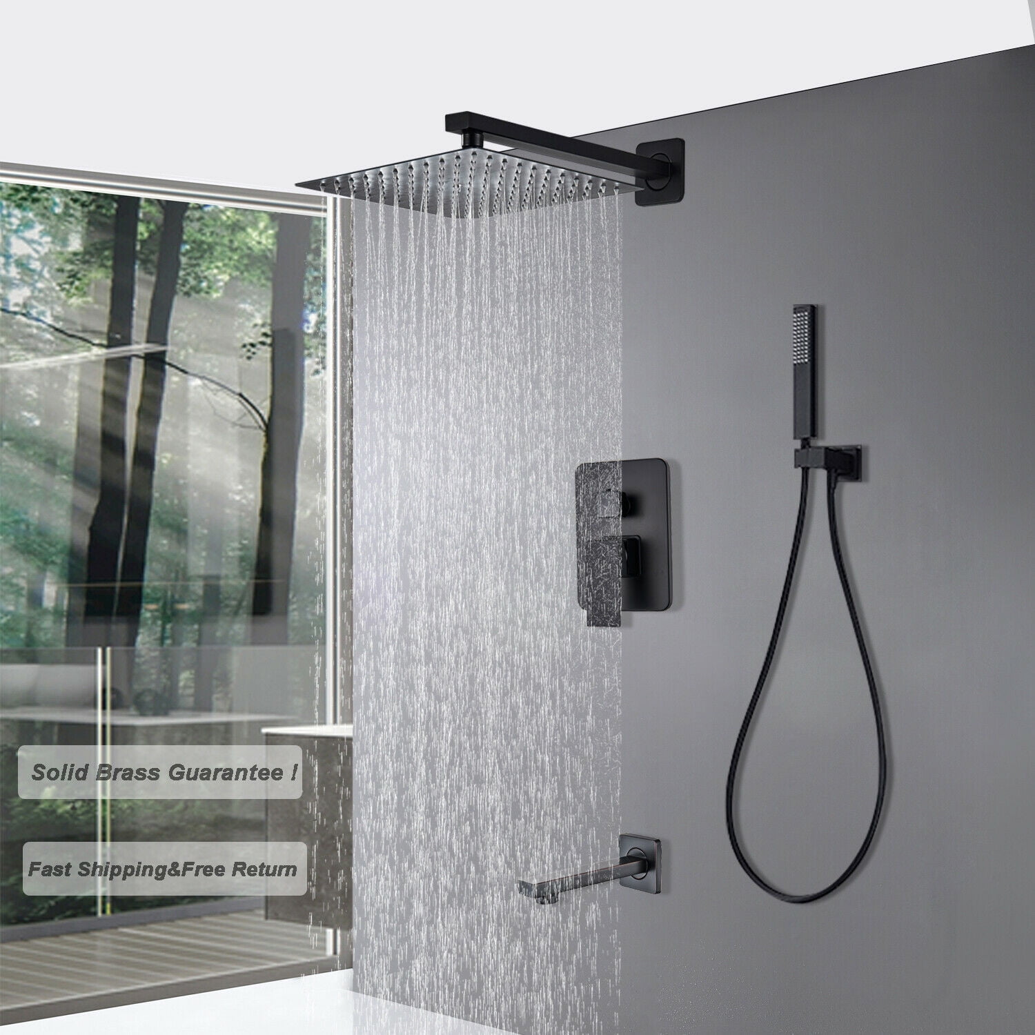 Black Rainfall 12" Shower Head Faucet Set Shower System Tub Spout w/ Mixer Valve