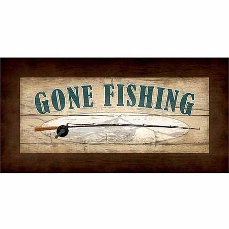 Gone Fishing Bright Pole Sign Wood Grain Lake Lodge Painting Brown & Tan Canvas Art by Pied Piper