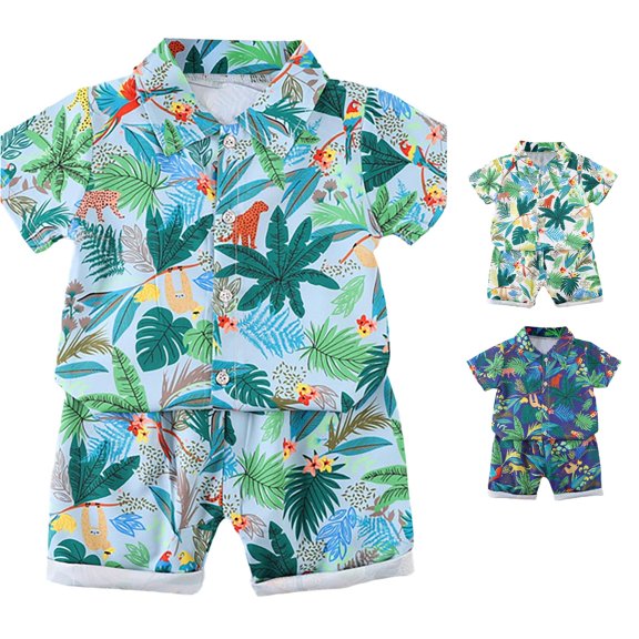 Toddler Boys Summer Outfits Beach Patterned Button Down Shirt and Shorts Outfit Sets Size 100/L ,Blue
