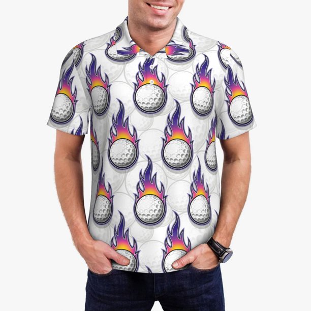 Fotbe Golf balls Camiseta Polo de Golf para Hombre con Estampado – Camisa Deportiva Transpirable con Cuello Abotonado-Small