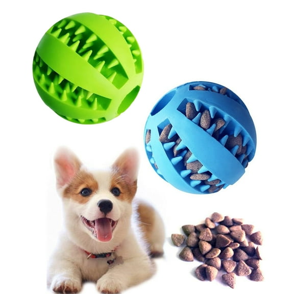 2 Pcs Interactive Dog Toy Balls with Treat Dispenser, Dental Chew Toy for Puppies, 2.8" Rubber Dog Ball (Green & Blue)