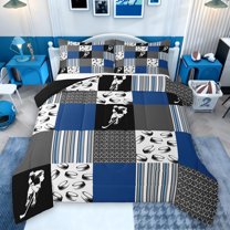 Feelyou Eat Hockey Sleep Queen Comforter Set, Blue Patchwork Plaid Bedding Set, 3pcs