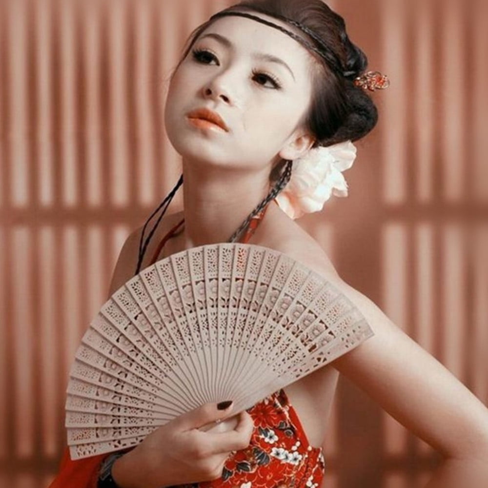 Chinese Vintage Wooden Bamboo Folding Hand Fan Hollow Carved Flower Pattern Fan 