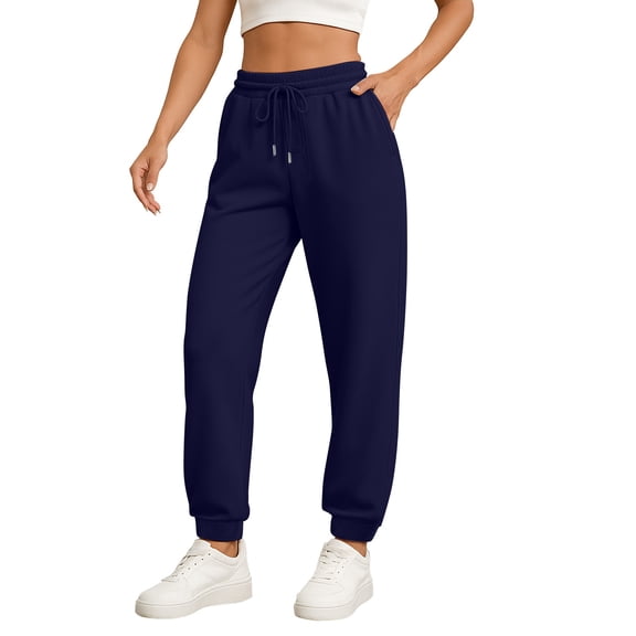 QWKLEAJ Womens Solid Jogger Sweatpants High Waist Drawstring Elastic Cuff Loose Casual Athletic Trousers With Side Pockets Navy L