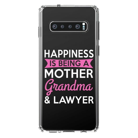 DistinctInk Clear Shockproof Hybrid Case for Samsung Galaxy S10  PLUS (6.4" Screen) - TPU Bumper Acrylic Back Tempered Glass Screen Protector - Happiness is Being a Mother Grandma Lawyer