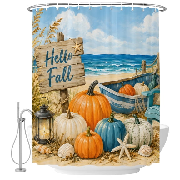 66x72 Inch Shower Curtains for Bathroom, Fall Coastal Pumpkins Fabric Bath Curtain Decor, Thanksgiving Nautical Beach Waves Waterproof Restroom Curtains Shower Set Accessories with 12 Hooks 66 Inch