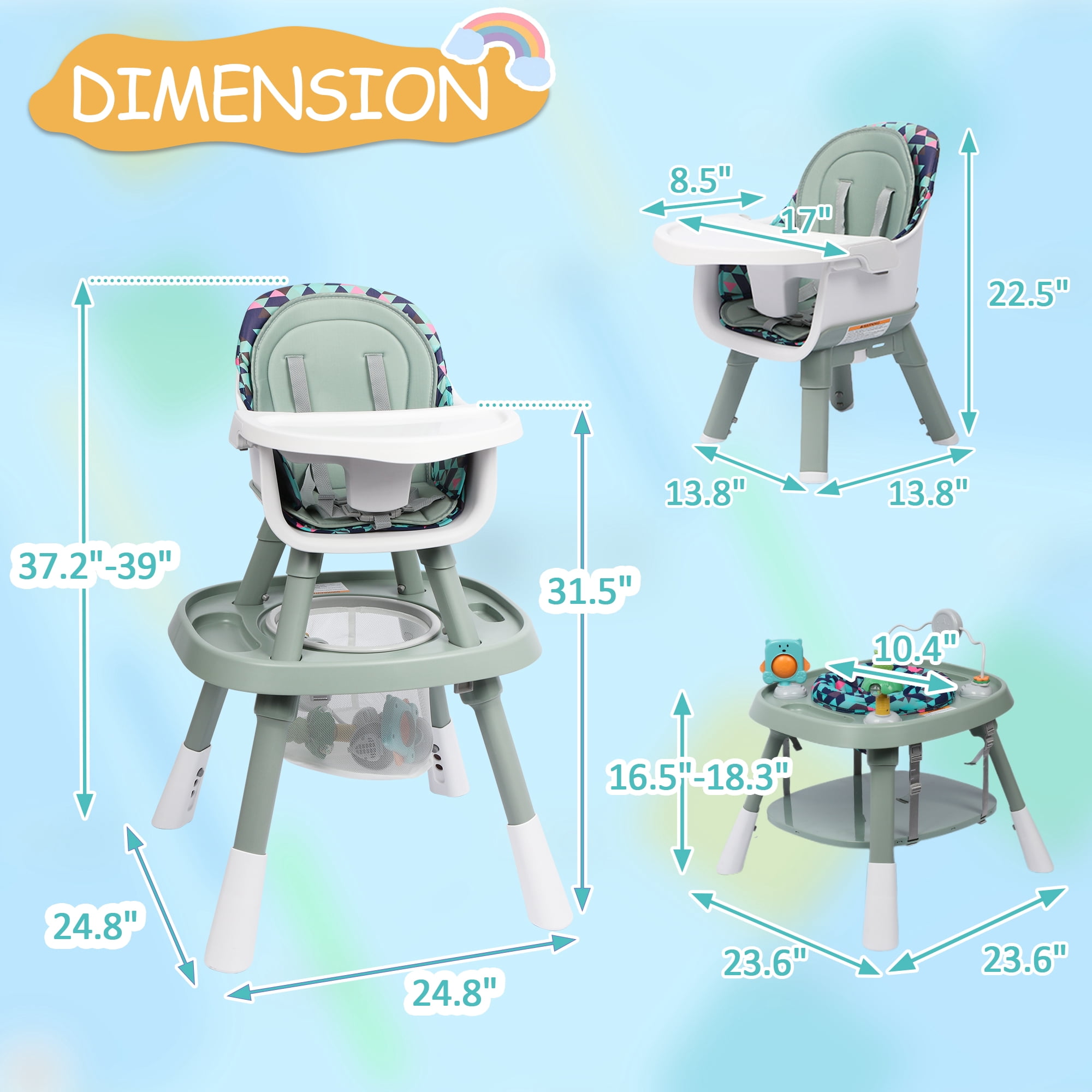 Reasea 15-in-1 Portable Baby High Chair, Convertible High Chair for Babies and Toddlers, Light Green