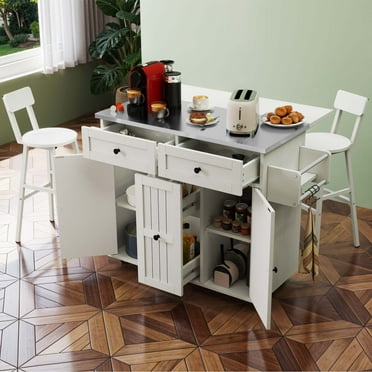 Uforic Modern Kitchen Island Table with 2 Chairs, Kitchen Island with Wheels & Large Storage, White