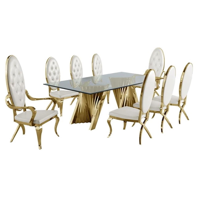Mixed 9pc Dining Set with White Faux Leather Side Chairs and Arm Chairs
