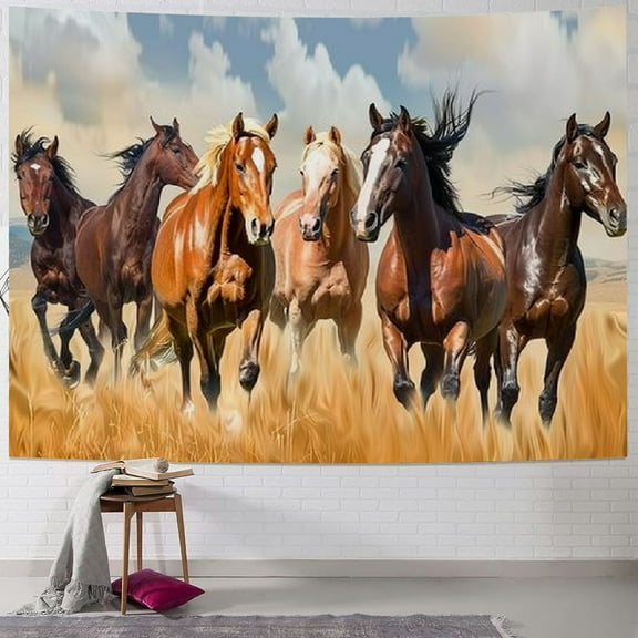 PRATYUS Horse Tapestry, Galloping Wild Farm Animal Horse Running Western Desert on Mystic Sky Landscape Tapestry Wall Hanging for Bedroom Living Room Dorm Office Decor, Multi Size Painting