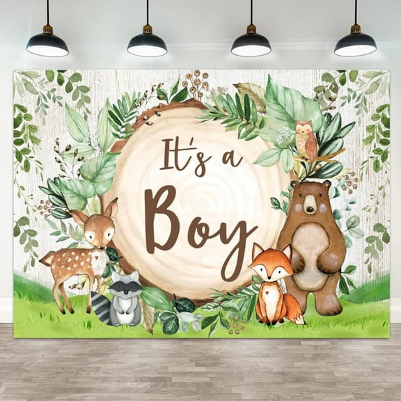 Woodland Baby Shower Backdrop It's a Boy Photography Background Jungle Green Grass Safari Animals Bear Fox Baby Boys Party Banner Decorations Newborn Photo Booth Props