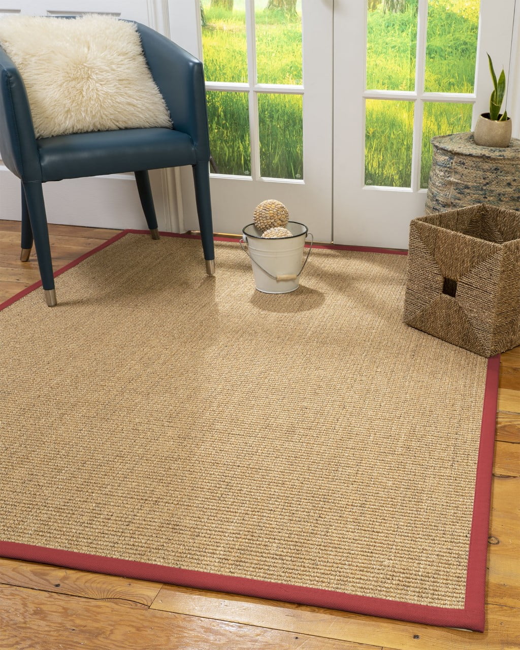 Natural Area Rugs Studio Custom Sisal Rug, 6', Square Red Border