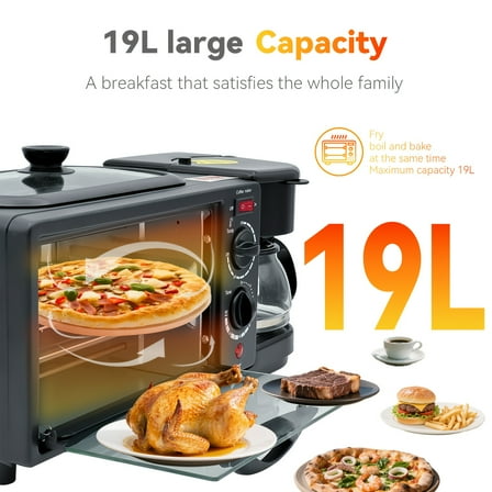 Multifunctional 3-in-1 Breakfast Station - Compact Toaster Oven, Frying Pan & Coffee Maker Combo | 1050W Portable For RV, Camping, Patio | 212°F-446°F Temp Control, Timer & Easy Clean - Black