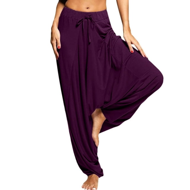 Pantalones de yoga de color liso y cintura alta para mujer: pantalones deportivos holgados y casuales, poliéster, cómodos para todas las estaciones, para uso diario y deportivo