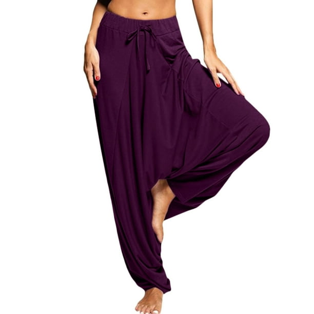 Pantalones de yoga de color liso y cintura alta para mujer: pantalones deportivos holgados y casuales, poliéster, cómodos para todas las estaciones, para uso diario y deportivo