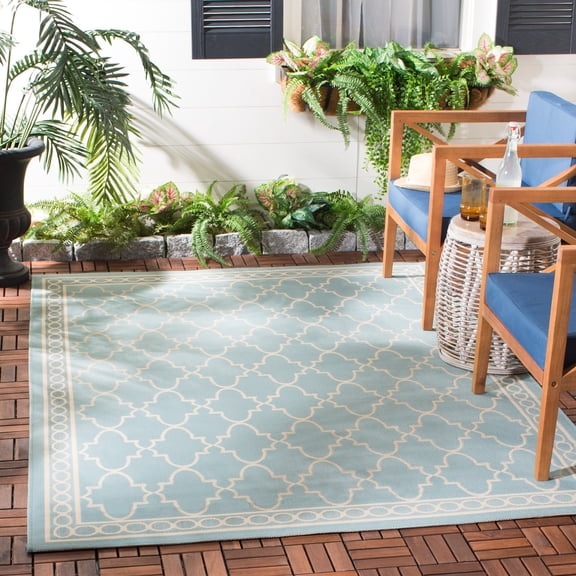 SAFAVIEH Courtyard Jasper Geometric Bordered Indoor/Outdoor Area Rug, 5'3" x 7'7", Aqua/Beige
