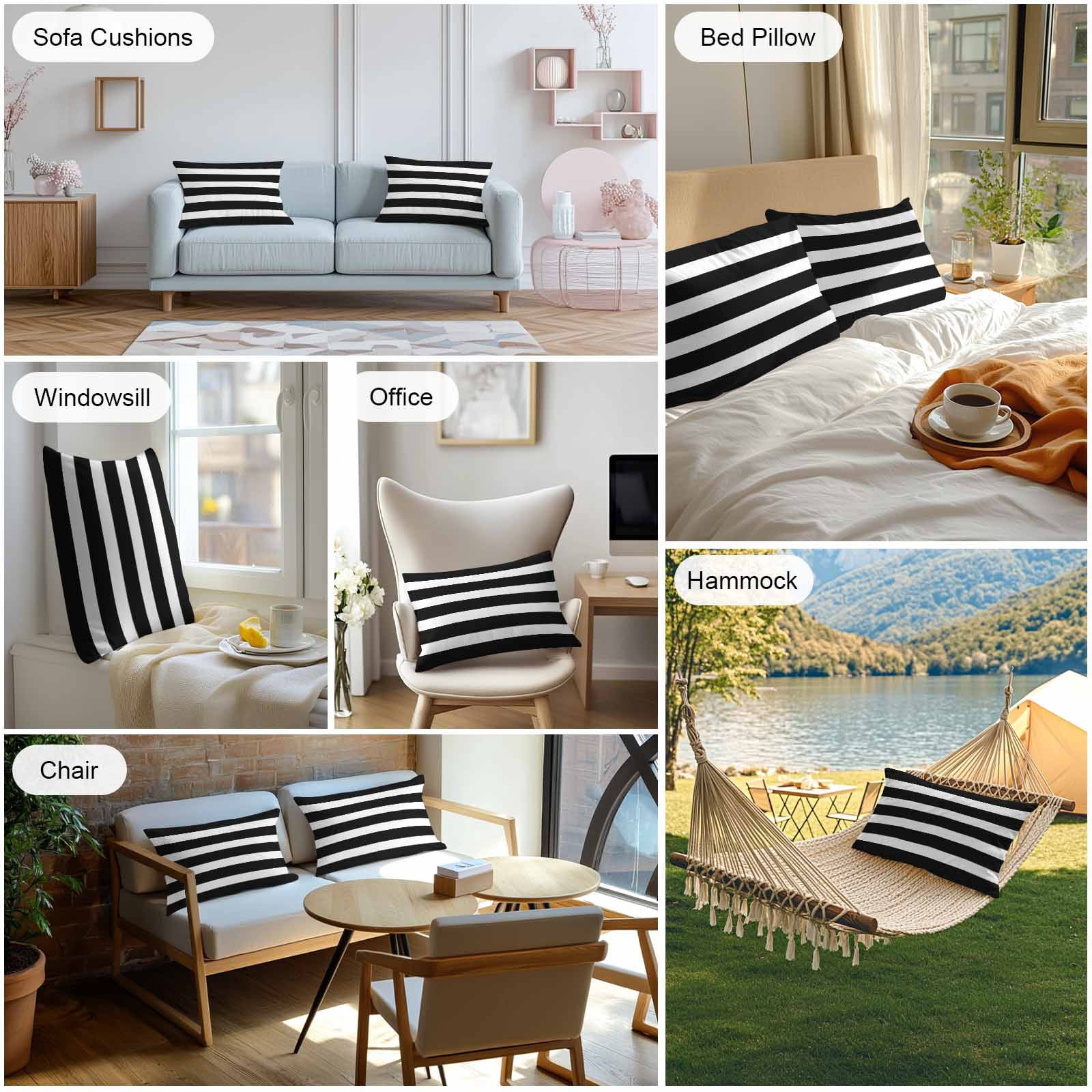 Outdoor Waterproof Throw Pillow Covers Set of 2 Black Stripes Decorative Pillowcases Lumbar Outdoor Pillows Cushion Case 20x12 Inch Modern Simple Striped Patio Pillows for Couch Sofa Bed Garden