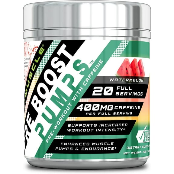 Amazing Muscle Pre Boost Pumps Watermelon Flavor Supplement | 400MG Caffeine Per Serving | 20 Servings | Non-GMO | Gluten Free | Made in USA