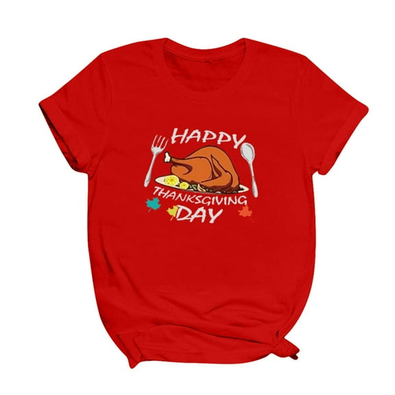 Ilomwu Womens Blouses Turkey Short Sleeve Thanksgiving Printed Womens Casual Blouse,Red,XL