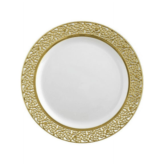 Inspiration 9" White w/ Gold Lace Border Luncheon Plastic Plates 10ct.