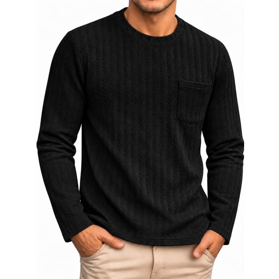 RICHCOIN Men's Crewneck T-Shirts Long Sleeve Shirts for Men Ribbed Knit Textured Solid Casual Pocket Basic Tee Tops