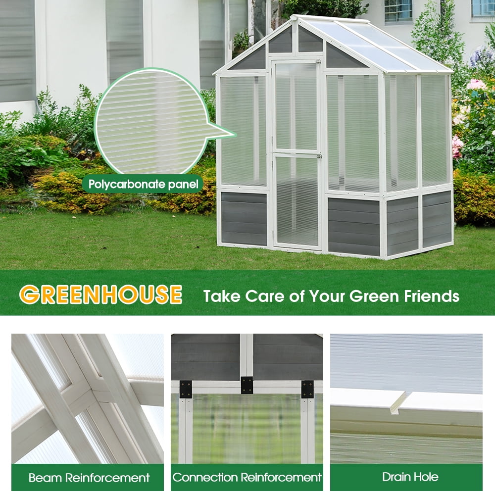 6' x 4' Walk-in Polycarbonate Greenhouse, Outdoor Garden Greenhouse for Plants in Winter, Grow House with Sturdy Cold Wooden Frame, Drain Hole and Front Entry Doors, D6338