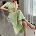 thumbnail image 4 of New Summer Arrivals SMihono Womens Dress Hollow Out Crew Neck Short Puff Sleeves Solid Fold Dresses Summer Elegant Tunic Long Dresses Green XL, 4 of 4