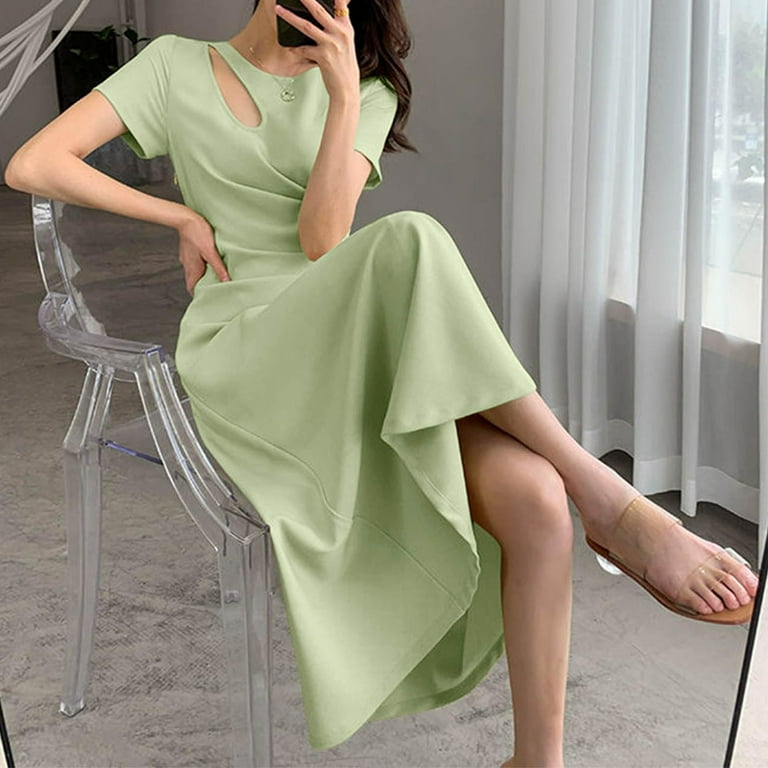 SMihono Womens Dress Hollow Out Crew Neck Short Puff Sleeves Solid Fold  Dresses Summer Elegant Tunic Long Dresses Green M - Walmart.com