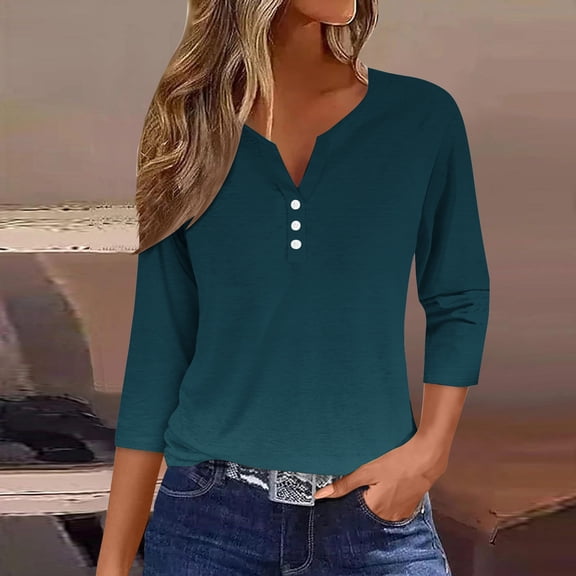 Teissuly Women's Fashion Casual Solid T-shirt 3/4 Sleeves Buttons Blouse V-Neck Casual Tops
