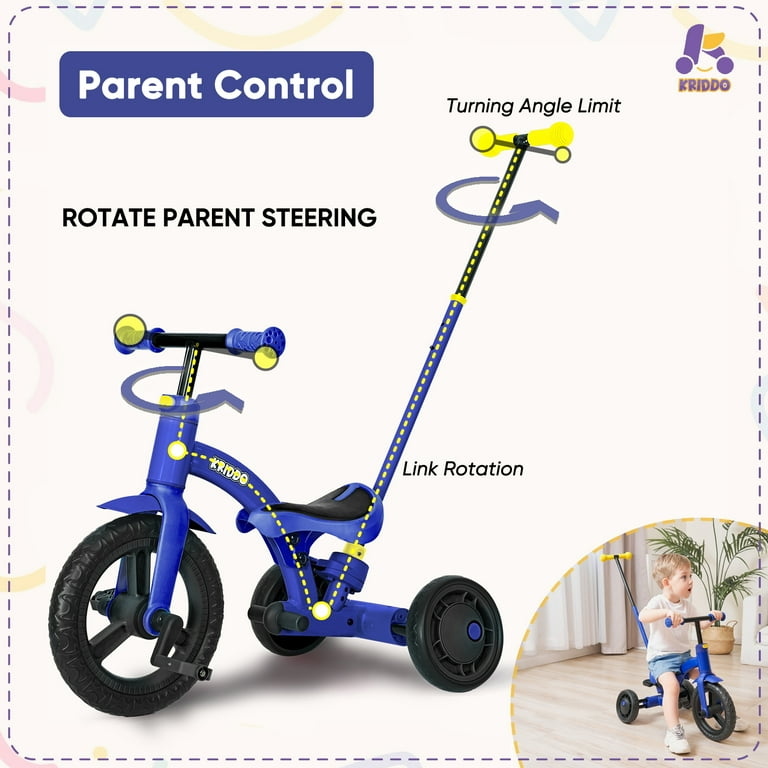 KRIDDO 4 in 1 Kids Tricycle for 1.5 to 3 Yea Old with Parent Steering Push Handle 12 Inch Front Wheel Trike Toddler Balance Bike for Boys Girls 18