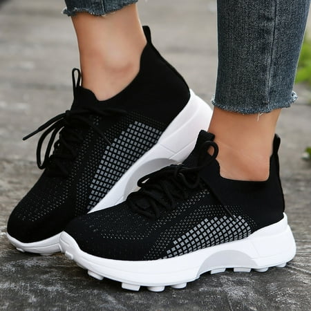 

PEASKJP Womens Platform Sneakers Slip-On Shoes Comfortable Walking Shoes Lace-up Sneakers Black 7.5